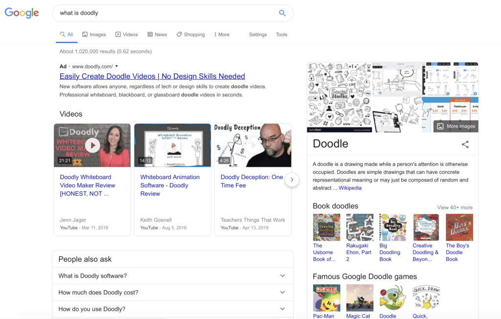 google search showing video results